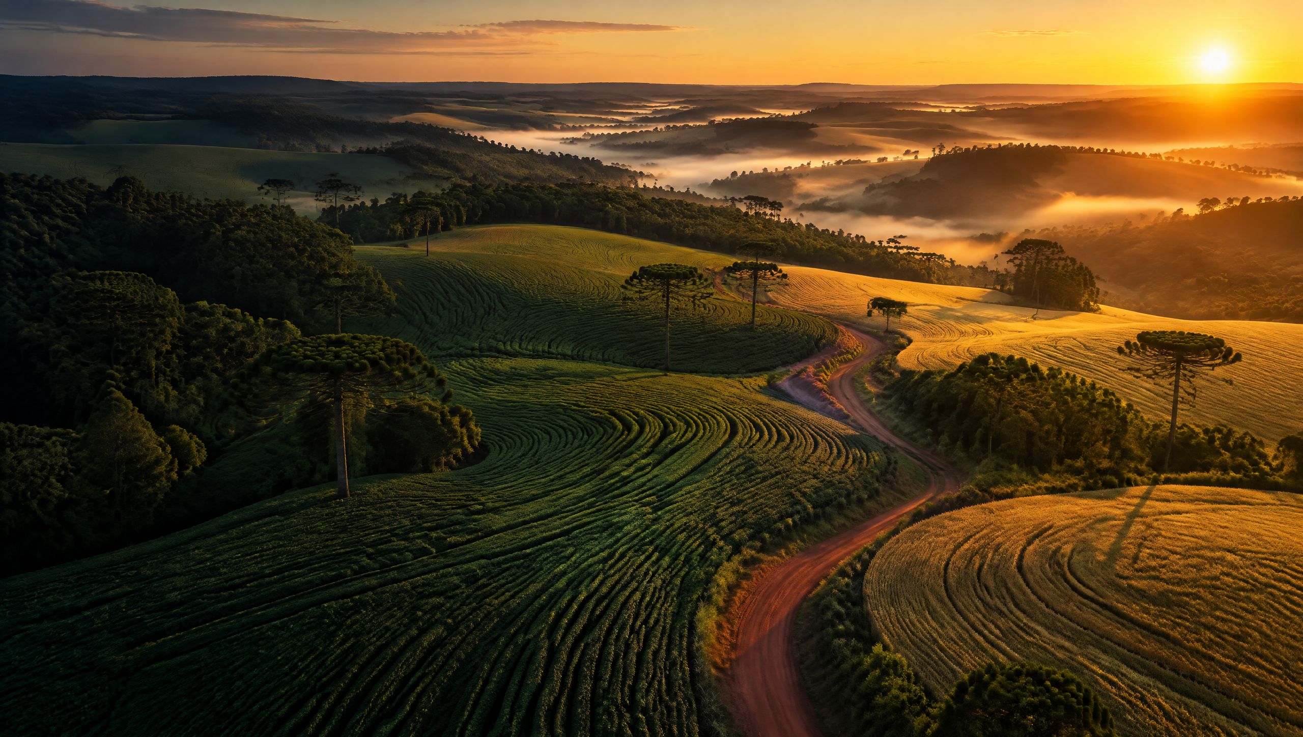 Vista aérea de lavouras plantadas em curva de nível entre araucárias, com uma estrada de terra e neblina nos vales ao nascer do sol
